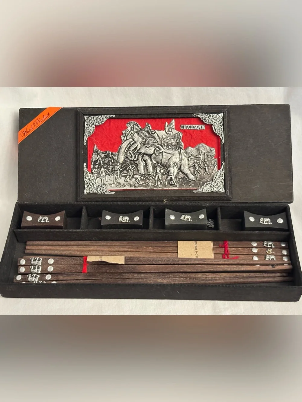 Vintage Thailand Siamese Rosewood Chopsticks & Rests Boxed Souvenir Gift Set